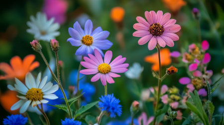Beautiful close-up of a cluster of wildflowers, showcasing their diverse shapes and vibrant colors in natural lightの素材