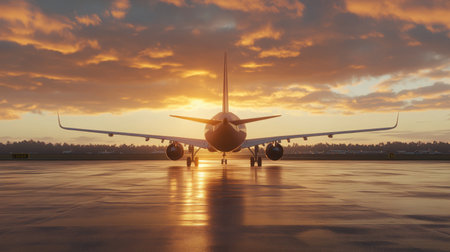 Airplane is taxiing to take off at the sunrise. 3d render and illustration. sunrise, airplane,の素材