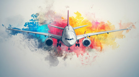 Airplane with colorful globe sketch on grey background. Travel and tourism conceptの素材