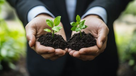 Business hands holding green plants together are the symbol of green business company. agriculture and collaboration in a green business. Ecosystem and Organization Development Cooperation.の素材