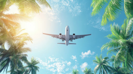 Blue sky with coconut trees, The airplane is going to the tropical sea beach. for sightseeing and relaxing in the summer holidaysの素材