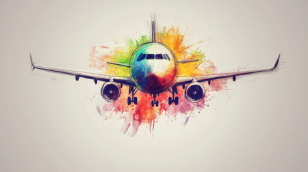 Airplane with colorful globe sketch on grey background. Travel and tourism conceptの素材