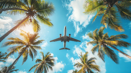 Blue sky with coconut trees, The airplane is going to the tropical sea beach. for sightseeing and relaxing in the summer holidaysの素材