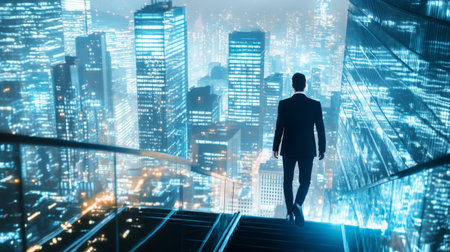Businessman climbed the stairs, double exposure with New York office buildings at night. Concept of business achievement, goal and leadershipの素材