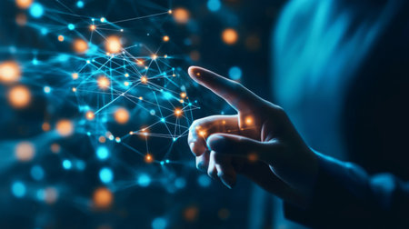 Businessman hand touching of digital data network transformation for next generation technology on cyberspace, Internet network and digital software development, Algorithm, Metaverse and data science.の素材
