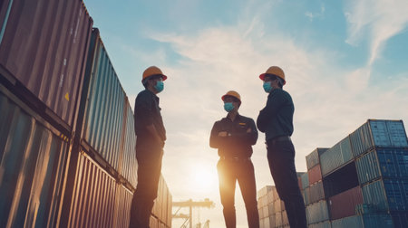 Businessman standing at shipyard and engineer wearing mask partner stand at container yard, loading containers box from cargo freight ship for import and export, teamwork partnership concept.の素材