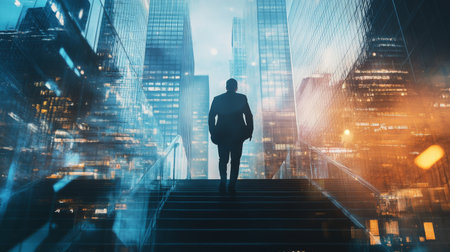 Businessman climbed the stairs, double exposure with New York office buildings at night. Concept of business achievement, goal and leadershipの素材