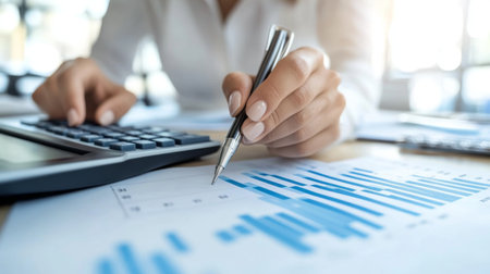 Business Financing Accounting Banking Concept, Businesswoman doing finances and calculating financial report with business graph growth chart, finance and investment, business analysis conceptの素材