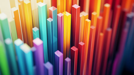 Close-up of a 3D bar chart on a computer screen, with colorful bars rising and falling, representing dynamic data trendsの素材