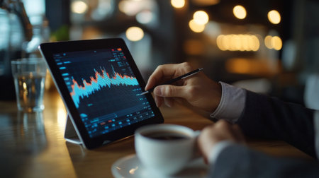 Businessman studying a stock market graph on his tablet, surrounded by financial charts and coffee, in a modern office settingの素材