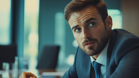 Clear-faced young businessman engaged in a discussion, with detailed facial expressions and professional attire, in a conference roomの素材