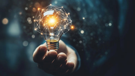 Businessman hand holding creative light bulb with industry network,analysis solution and development marketing network icons planning strategy, Modern business, Innovative of new ideas.の素材