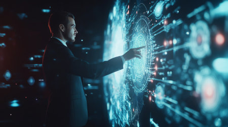 Businessman presenting futuristic business world metaverse graphic. In the form of innovation in digital business processing technology, innovation of the 21st centuryの素材