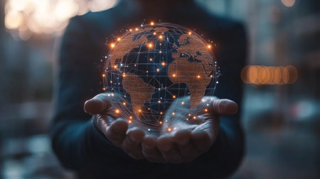 Businessman holding global network connection on social networking and customer data analytics, Business strategy and smart intelligence, digital marketing, Technology and global business.の素材