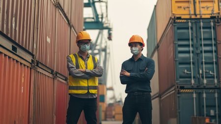 Businessman standing at shipyard and engineer wearing mask partner stand at container yard, loading containers box from cargo freight ship for import and export, teamwork partnership concept.の素材