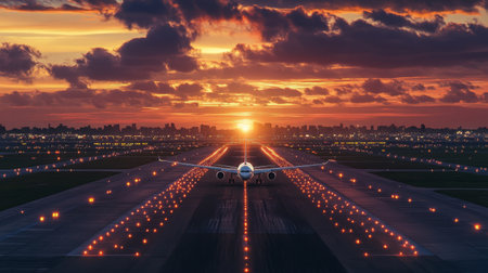 Airplane landing on airport runways during sunsetの素材