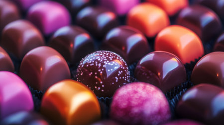 Close-up of a collection of candy-coated chocolates, with a focus on their shiny, colorful coatings and smooth texturesの素材