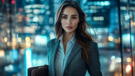 Clear-faced businesswoman with a confident stance, looking directly at the camera while holding a briefcase, in a cityscape backdropの素材