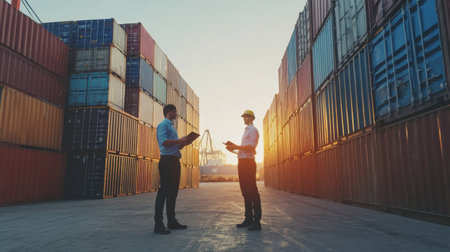 Businessman use tablet show growth revenue graph info and engineer partner stand at container yard, loading containers box from cargo freight ship for import and export, teamwork partnership concept.の素材