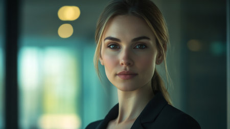 Close-up of a businesswoman with sharp features and a professional demeanor, in a well-lit office setting, conveying competenceの素材