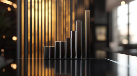 Close-up of a 3D bar chart with an upward trend, showing increasing sales or revenue, set against a sleek office backdropの素材