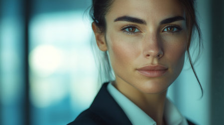 Close-up of a businesswoman with sharp features and a professional demeanor, in a well-lit office setting, conveying competenceの素材