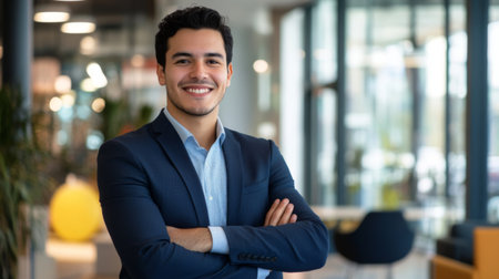 Clear-faced young executive with a friendly smile, standing with arms crossed in a contemporary office environmentの素材