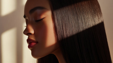 High-resolution close-up of a woman with sleek, straight hair, styled to perfection with a glossy finish, emphasizing the smoothness and shine.の素材