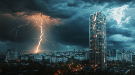 High-resolution view of lightning striking a tall building during a summer thunderstorm, with dramatic illumination and stormy clouds overhead.の素材