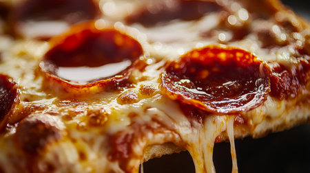 High-resolution close-up of a slice of pepperoni pizza with a crispy crust, gooey cheese, and spicy pepperoni, showcasing the vibrant colors and savory details.の素材