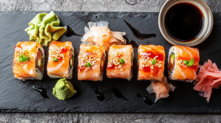Top-down view of sushi rolls filled with fresh seafood like salmon, tuna, and shrimp, artfully arranged on a black slate board with soy sauce and wasabi.の素材