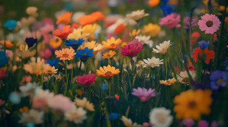 Close-up of a field of colorful flowers, emphasizing the delicate textures and vibrant colors of each bloomの素材