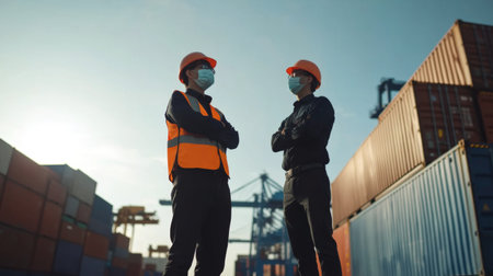 Businessman standing at shipyard and engineer wearing mask partner stand at container yard, loading containers box from cargo freight ship for import and export, teamwork partnership concept.の素材