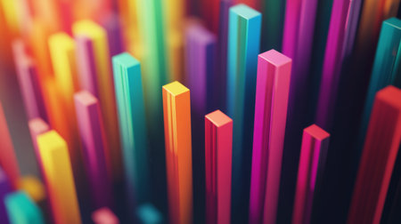 Close-up of a 3D bar chart on a computer screen, with colorful bars rising and falling, representing dynamic data trendsの素材