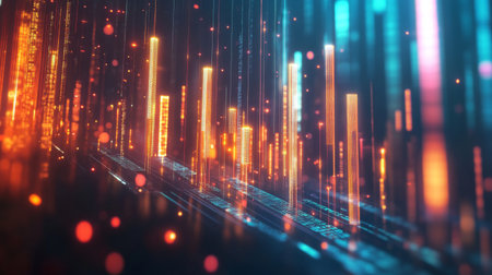 Abstract 3D bar chart floating in a digital space, with glowing data points and vibrant colors illustrating complex metricsの素材