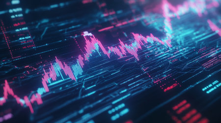 Animated stock market graph with fluctuating lines and digital numbers, representing volatile market conditionsの素材