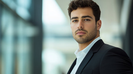 Close-up of a confident young businessman with a sharp suit and focused expression, standing in a modern office environmentの素材