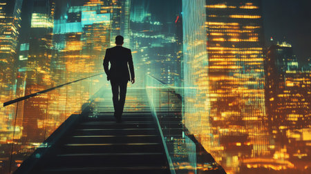 Businessman climbed the stairs, double exposure with New York office buildings at night. Concept of business achievement, goal and leadershipの素材