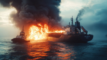 A rescue boat heads towards a fuel ship on fire. large cargo ship for logistic import export goods has the explosion and had a lot of fire and smoke at seaの素材