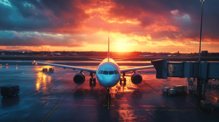 Airplane at sunrise in the terminal gate ready for takeoff - Waiting for the flight. Travel around the worldの素材