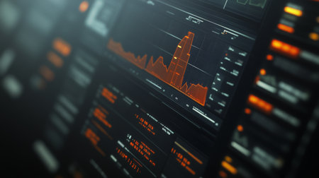 Close-up of a financial graph with sharp, clear data visualization, showing detailed trends and projections on a high-definition monitorの素材