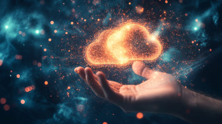 Cloud technology concept Global network of metaverse systems concept, Man hand touch data with internet cloud technology and File Transfer backup copy,Global business Internet for Telecommunicationの素材