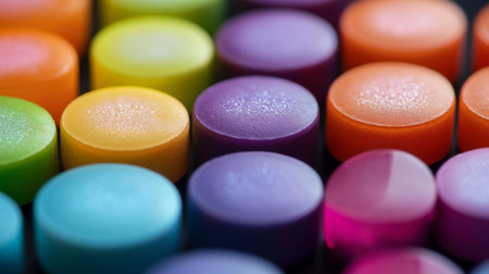 Close-up of a small assortment of brightly colored mints, showcasing their vibrant hues and smooth, glossy finishの素材