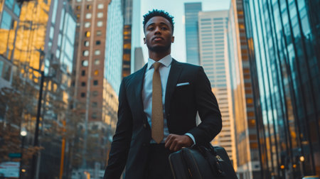 Close-up of a young male business professional with a confident stance, dressed in a suit, and holding a briefcase in an urban settingの素材