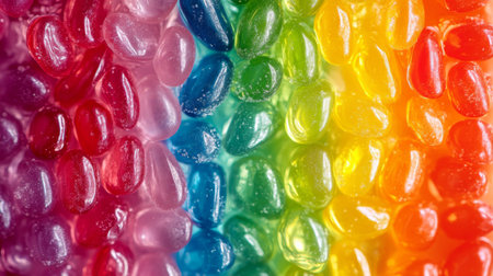 Close-up of a rainbow assortment of jelly beans, showing their glossy finish and vibrant, translucent colorsの素材