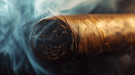 Close-up of smoke drifting out from a freshly lit cigar, with a focus on the fine details and gradual dispersionの素材