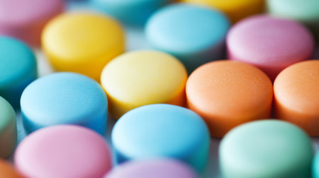 Close-up of a small assortment of brightly colored mints, showcasing their vibrant hues and smooth, glossy finishの素材