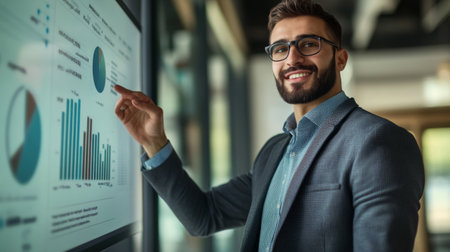 Close-up of a young businessman with a clear, positive expression, presenting data on a screen in a modern office meeting roomの素材