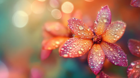 Close-up of vibrant, dew-kissed flowers with intricate details and rich colors, set against a soft, blurred backgroundの素材