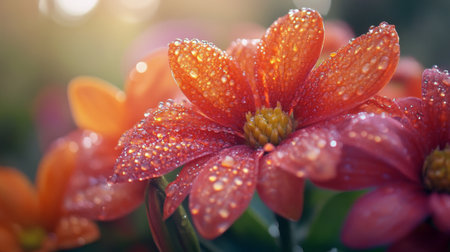 Close-up of vibrant, dew-kissed flowers with intricate details and rich colors, set against a soft, blurred backgroundの素材